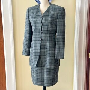 Jones New York | Vintage Gray Blue Plaid 100% Worsted Wool Skirt Suit Set